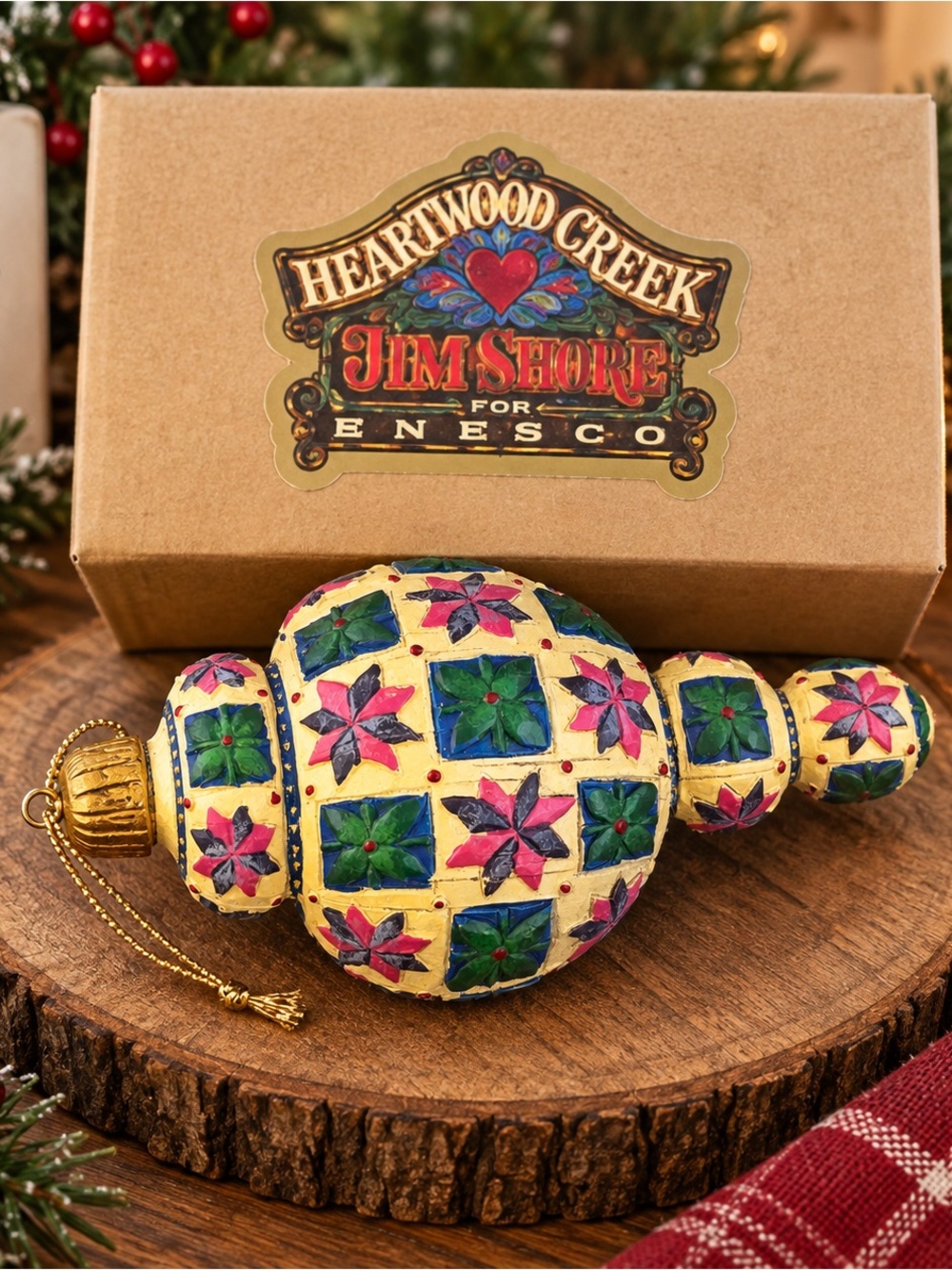 2004 Jim Shore Heartwood Creek Green Leaf Red Quilt Christmas Ornament w/ Box